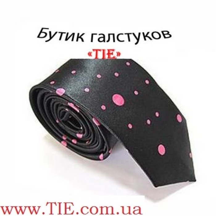 Галстук узкий черный в розовые капельки