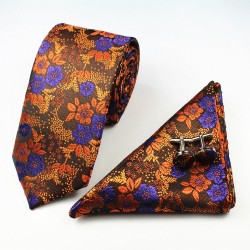Краватка насичено-помаранчева вишукана в наборі з хусткою та запонками
