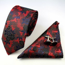 Краватка криваво-червона вишукана в наборі з хусткою та запонками