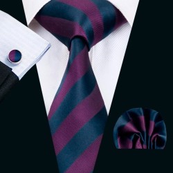 Подарочный галстук баклажанного цвета в полоску с платком и запонками