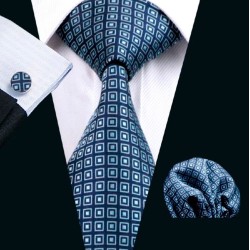 Краватка на подарунок синій у блакитний квадратик з запонками та хусткою
