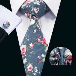 Краватка з хусткою та запонками синій на весілля у квіток - бавовняний