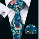 Краватка з хусткою та запонками синій у квіти - бавовняний