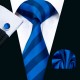 Краватка синій шовковий жаккард з хусткою та запонками у смужку