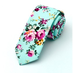 Краватка вузька бірюзова бавовняна в рожевих квітах 09085