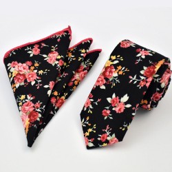 Краватка вузька чорна бавовняна в рожевий квіток + хустка 09095