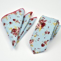 Краватка вузька блакитна бавовняна в рожевий квіток+хустка 09094