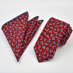 Краватка вузька червона бавовняна в синій квітку + платок 09093