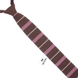 Краватка трикотажна коричнева в біло-рожеву смужку
