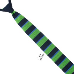 Краватка в'язана салатова з темно-синьою та блакитною смужечкою