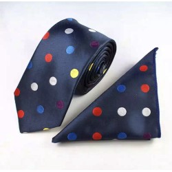 Краватка темно-синя з різнокольоровим горохом +хустка