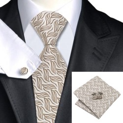 Краватка кольору капучіно з бежевим + платок та запонки