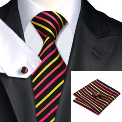 Подарочный галстук черный с малиновыми и желтыми полосками