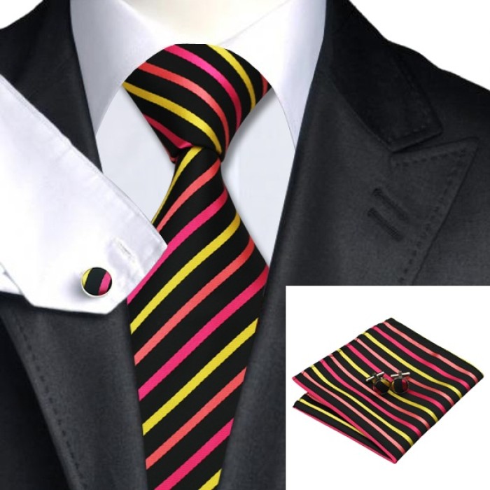 Подарункова краватка чорна з малиновими та жовтими смужками