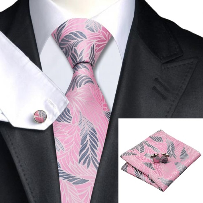 Краватка рожева з сірим (шовковий жаккард) + платок і запонки