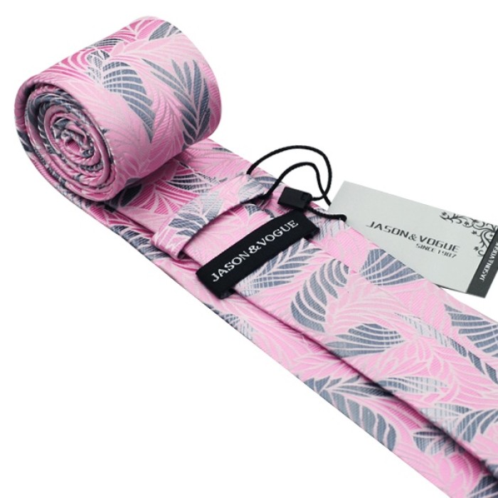 Краватка рожева з сірим (шовковий жаккард) + платок і запонки