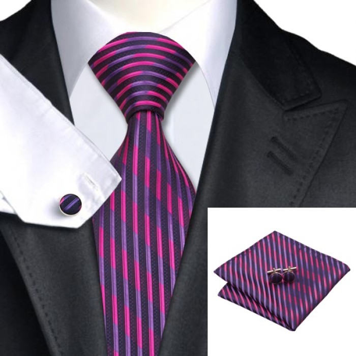 Краватка фіолетова з рожевим у вертикальну смужку + платок і запонки