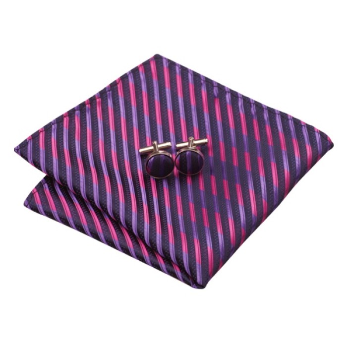 Галстук фиолетовый с розовым в вертикальную полоску + платок и запонки