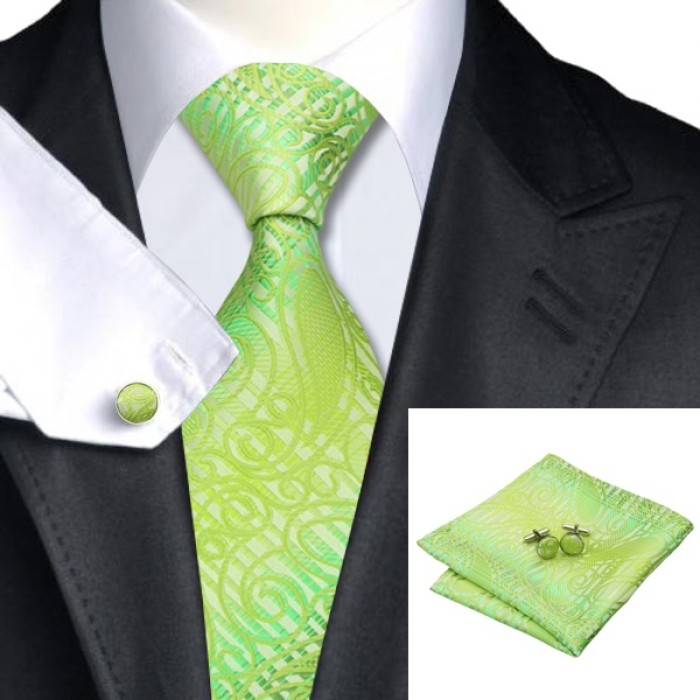 Краватка салатовий з платком та запонками
