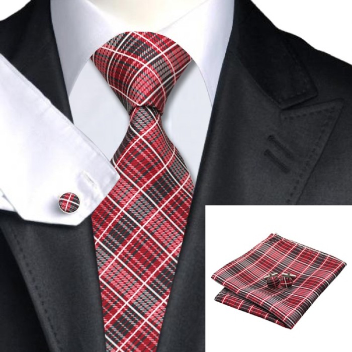 Краватка подарункова червона з запонками та платком
