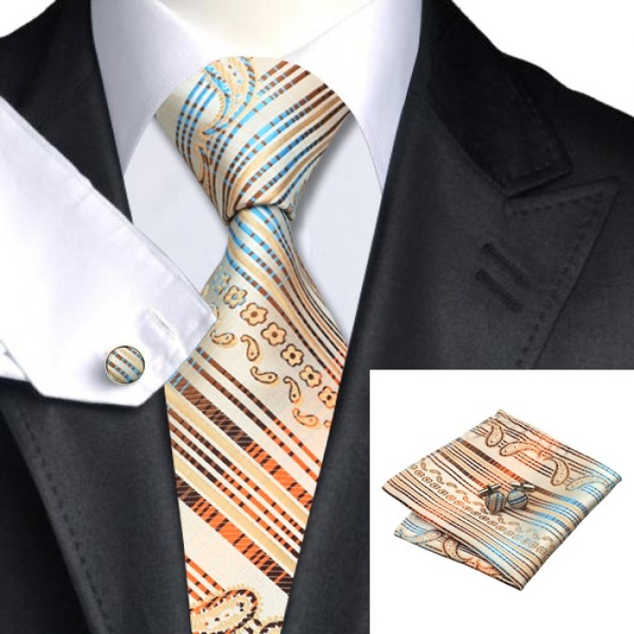 Набор галстук кремовый с бежевым и коричневым