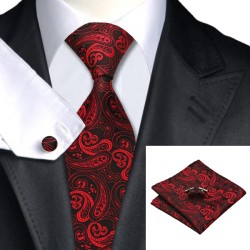 Черный с красными абстракциями набор галстук с платком и запонками