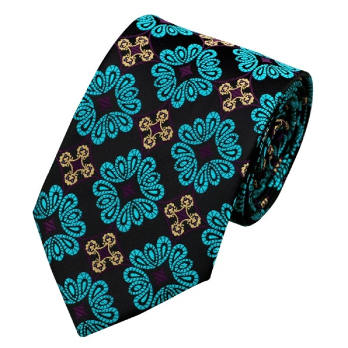 Краватка чорна з бірюзовим, фіолетовим і палевим кольорами