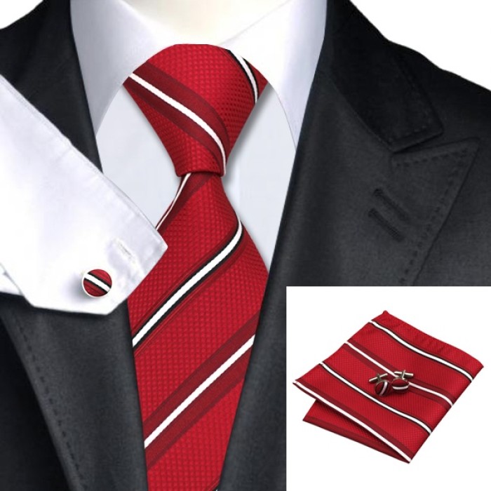 Краватка червона у смужку з платком та запонками