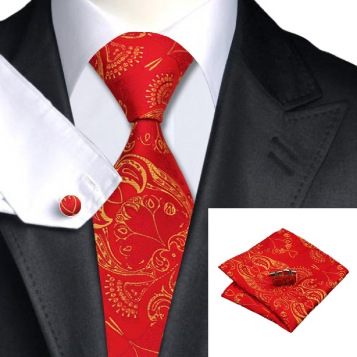 Подарочный галстук красный с желтыми абстракциями
