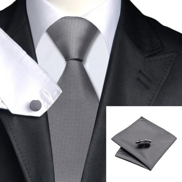 Краватка сірий з платком та запонками