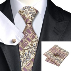 Подарочный галстук белый с фиолетовыми и кремовыми абстракциями