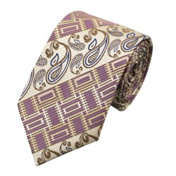 Подарочный галстук белый с фиолетовыми и кремовыми абстракциями
