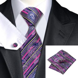 Краватка з запонками в смужку фуксії та рожевими абстракціями