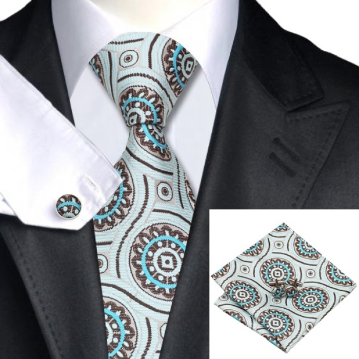Подарочный галстук голубой с коричневым и бирюзовым
