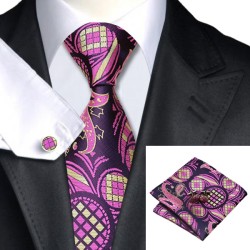 Краватка фуксія з льняним в абстракціях + хустка та запонки