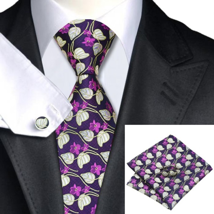 Краватка в квітах з листям + хустка і запонки