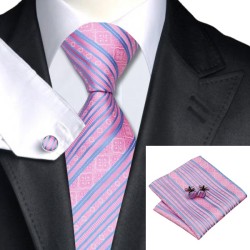 Галстук розовый в голубою полосочку +платок и запонки