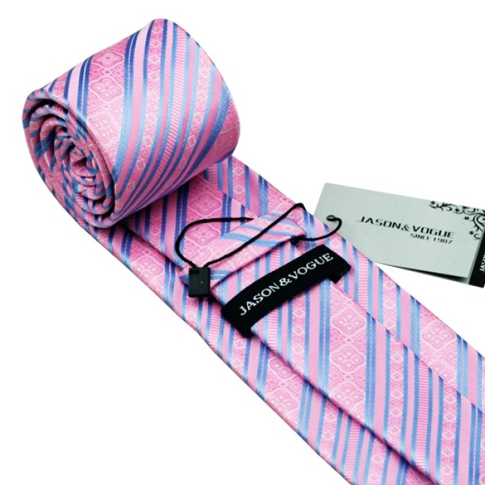 Краватка рожева в блакитну смужку + хустка та запонки