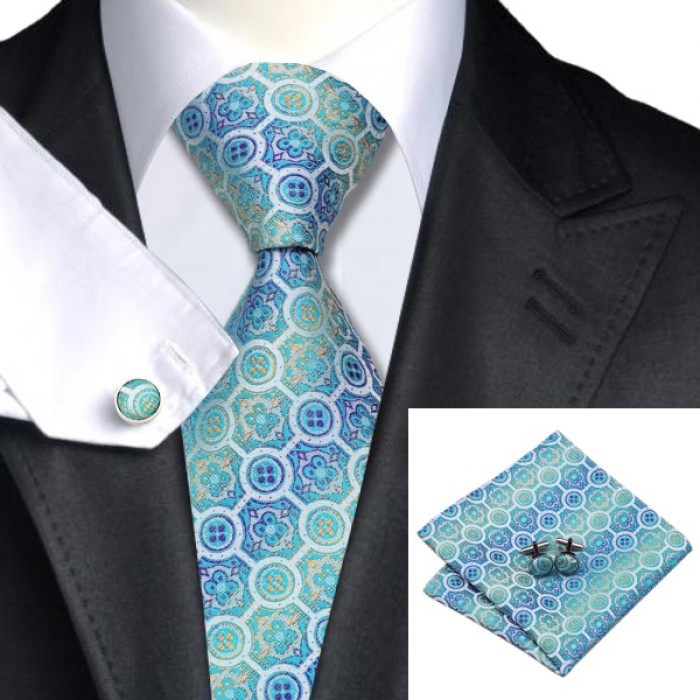 Краватка бірюзова в абстракціях 01 + платок і запонки