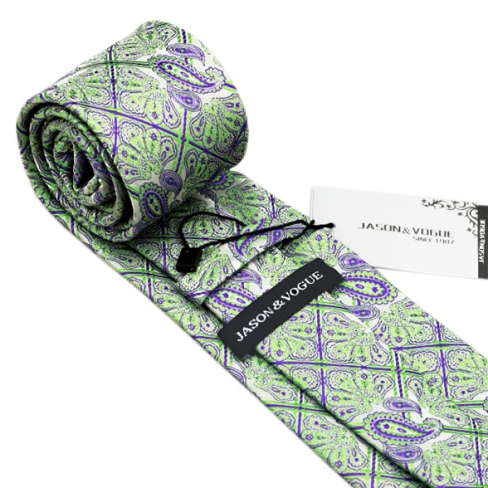 Краватка салатова з фіолетовим + хустка та запонки
