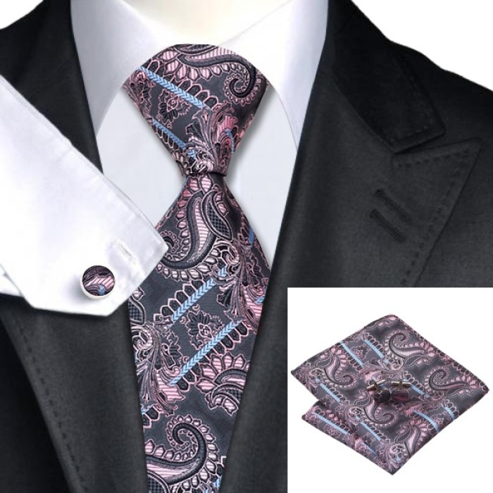 Краватка сіра з рожевими та блакитними смужками