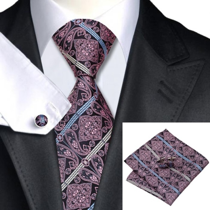 Подарочный галстук розовый с черным и полоской