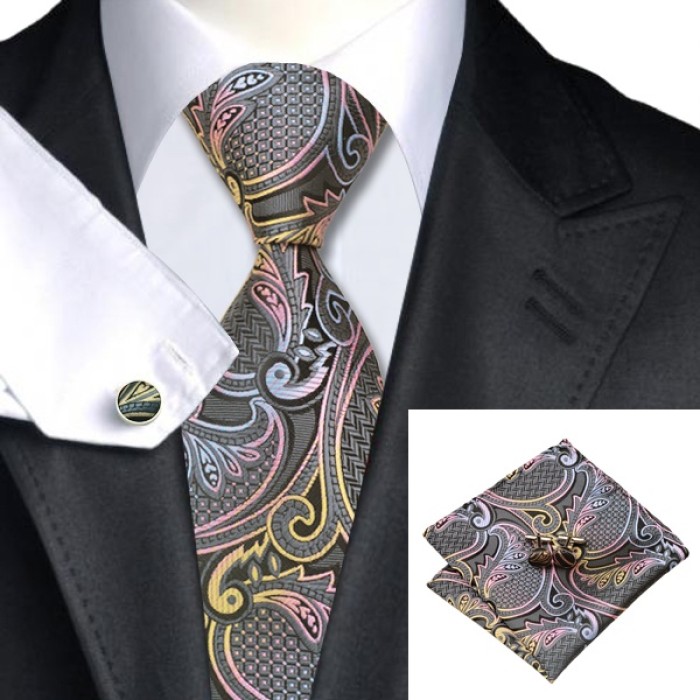 Краватка сіра з рожевими і голубими в абстракції + платок та застібки