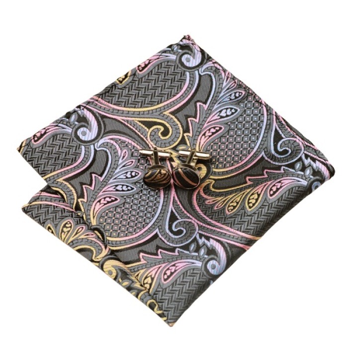 Краватка сіра з рожевими і голубими в абстракції + платок та застібки