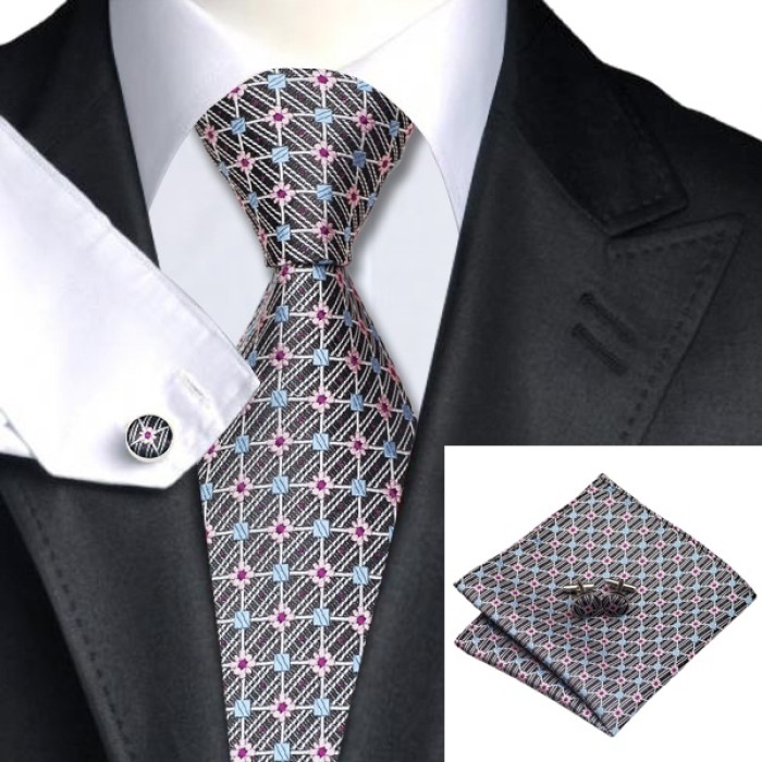 Краватка подарункова в блакитний квадратик та рожевий квіток на чорно-білому