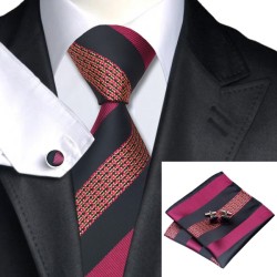 Краватка з платком і запонками у вишневу смужку