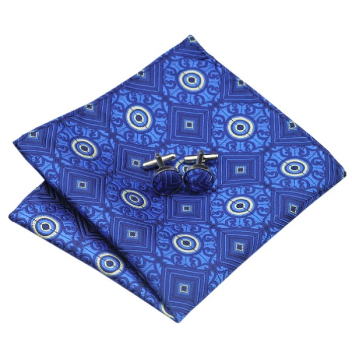 Подарочный набор синий в узорах с платком и запонками
