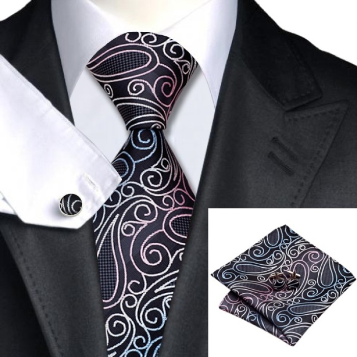 Краватка сіра з рожевим і голубим + застібки та платок