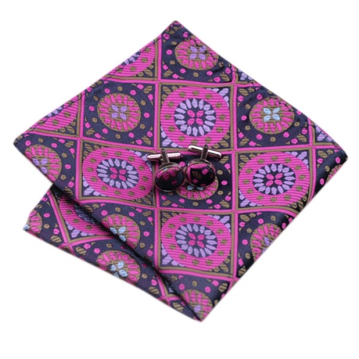 Краватка фуксія з коричневим і фіолетовим + платок та застібки