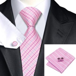 Галстук розовый с фуксия и голубым в решеточку +запонки и платок